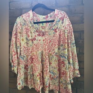 Johnny Was Cream Floral Tiered Tunic with Pink and Blue Accents